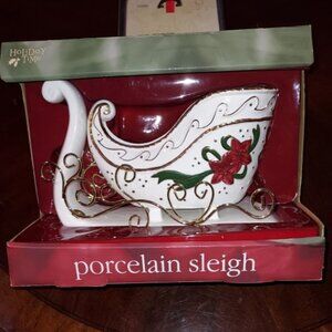 Holiday Time Porcelain Christmas Sleigh With Gold Trim Red Poinsettias NWT